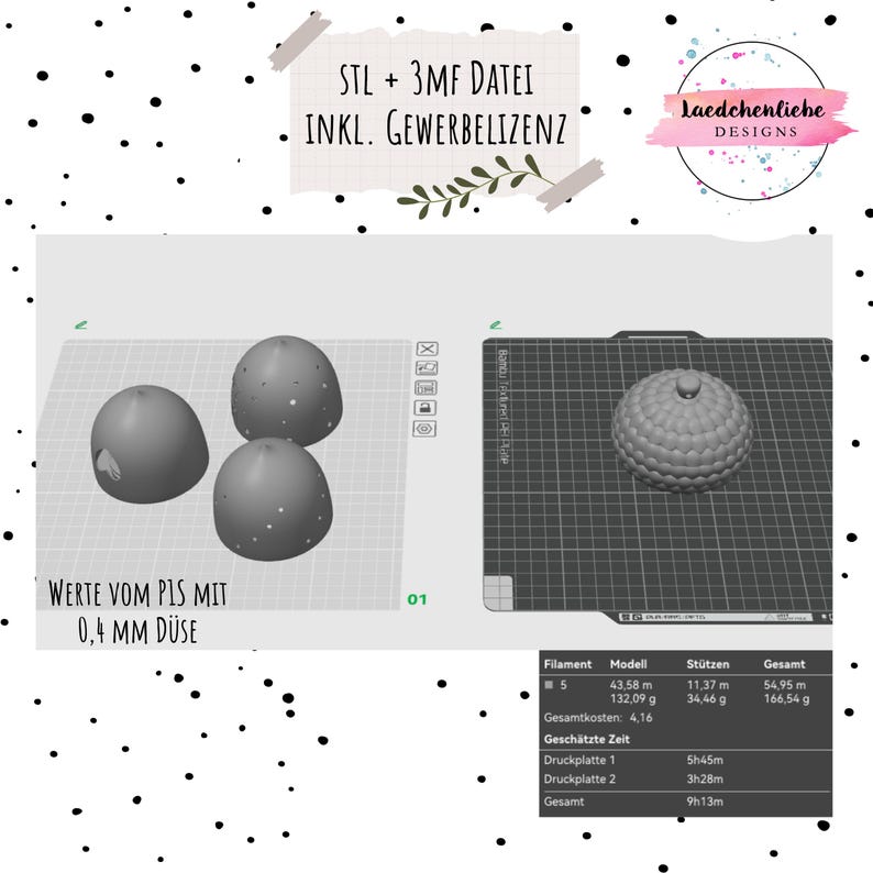 May include: Digital 3D model files for printing, including STL and 3MF formats. The display shows three smooth dome-shaped objects and one textured dome-shaped object on a grid. Text includes "STL + 3MF DATEI INKL. GEWERBELIZENZ" and print data.