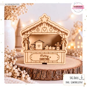 May include: A light-coloured wooden Christmas market stall decoration featuring laser-cut details of a pot, mugs, and gingerbread cookies. The front panel is engraved with the text Merry Christmas and a star. The structure has a roof with hanging ornaments and pine branches.