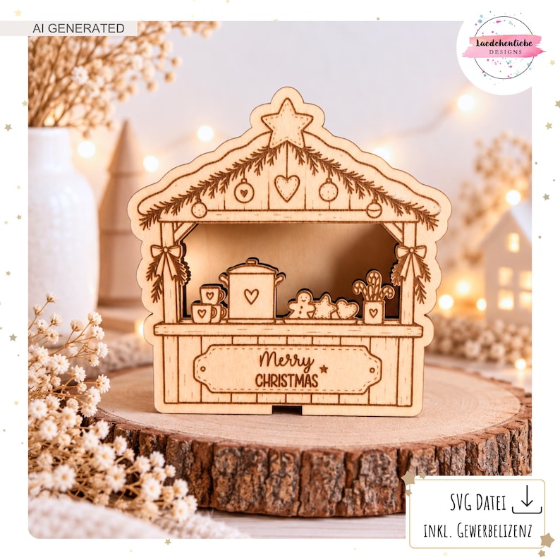 May include: A light-coloured wooden Christmas market stall decoration featuring laser-cut details of a pot, mugs, and gingerbread cookies. The front panel is engraved with the text Merry Christmas and a star. The structure has a roof with hanging ornaments and pine branches.