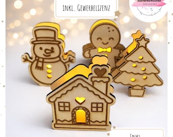 SVG + PDF Christmas decoration 3 mm wood | Laser Cut | PDF print template snowman gingerbread man Christmas tree gingerbread house commercial license balloon light