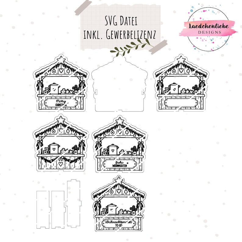May include: A digital collection of black and white line art illustrations featuring Christmas market stalls with festive decorations, stars, and various signs including Merry Christmas, Frohe Weihnachten, and Weihnachten to go.