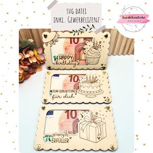 Könnte beinhalten: Geschenkkartenhalter aus Holz mit dekorativen Ausschnitten und den Texten "Happy Birthday", "Zum Geburtstag für dich" und "Wunsch Erfüller". Jeder Halter bietet Platz für einen 10-Euro-Schein und zeigt ein Cupcake-, Kuchen- oder Geschenkbox-Design.