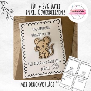 SVG + PDF birthday card mouse mice money cash gift print template laser digital file including commercial license congratulations