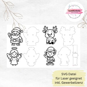 May include: A sheet of laser-cut Christmas-themed designs, including Santa Claus, reindeer, an angel, and an elf. The designs are black and white, with cut-out shapes for easy assembly. The text "SVG Datei f&uuml;r Laser geeignet inkl. Gewerbelizenz" is at the bottom.