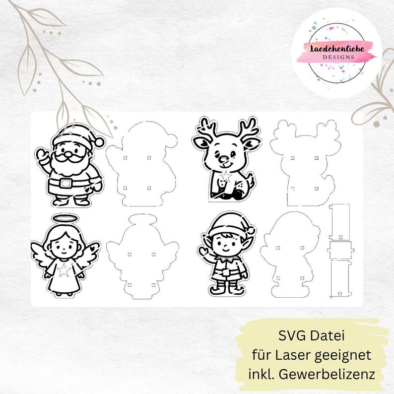 May include: A sheet of laser-cut Christmas-themed designs, including Santa Claus, reindeer, an angel, and an elf. The designs are black and white, with cut-out shapes for easy assembly. The text "SVG Datei f&uuml;r Laser geeignet inkl. Gewerbelizenz" is at the bottom.