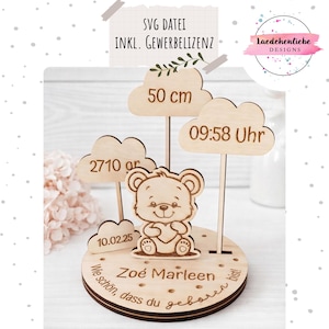 SVG- en LightBurn-bestand – Babybeer met geboortegegevens | Lasergesneden bestand | incl. commerciële licentie | Geboortecadeau