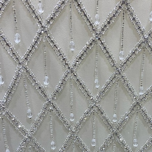 Silver Crystal Drop Sequin Beaded Net Fabric, Wedding Dress Luxury Handmade Fabric, Sequin Beaded Fabric in Tulle