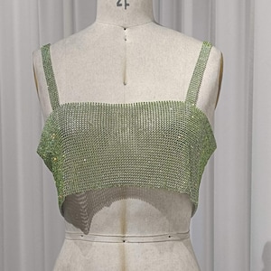 Sparkling Crystal Mesh Mini Crop Top with Chain Closure - Peridot Green Handmade Rhinestone Crop Top, Dazzling Festival Top, Party Wear