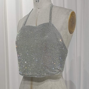 Sparkling Crystal Mesh Halter Top with Lace-Up Back - Handmade Rhinestone Crop Top, Dazzling Festival Top, Party Wear