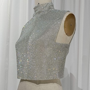 High-Neck Crystal Mesh Top with Open Back - Handmade Rhinestone Crop Top, Statement Party Wear, Festival Fashion