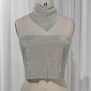 Sparkling Crystal Mesh Crop Top with Matching Bandana Necklace - Handmade Rhinestone Halter Top, Dazzling Party Wear, Festival Fashion