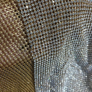 Aluminum Base Glass Crystal Mesh Fabric Flexible Gold Fabric with Rhinestones