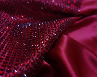 Luxury Bordeaux Silk Fabric with Siam Crystals – Crystal Embellished Pure Silk for Couture, Bridal, and Eveningwear