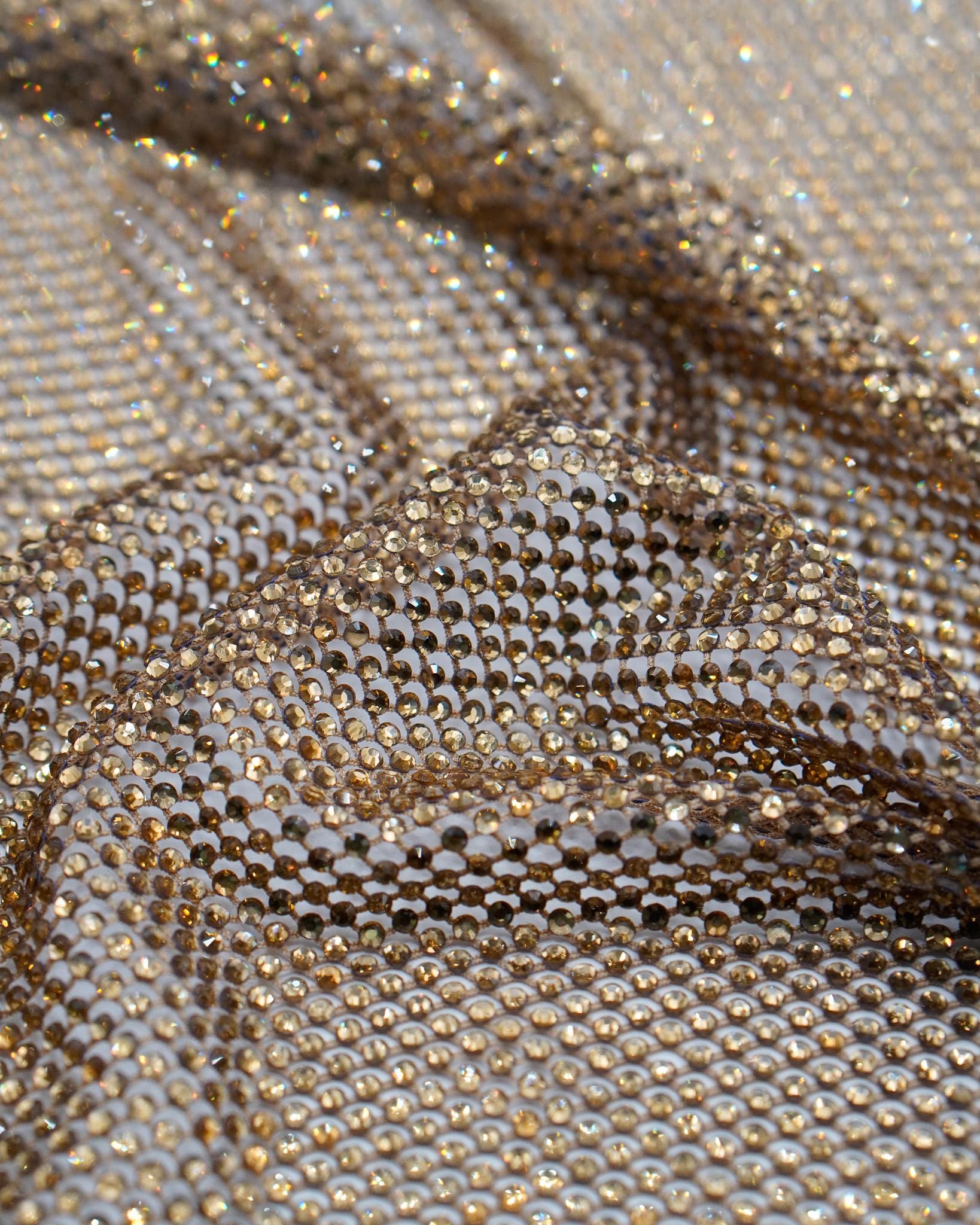 Fishnet Opacity Rhinestone Micro Crystal Fishnet Fabric – Light Gold SS8 Rhinestone Stretch Mesh ...