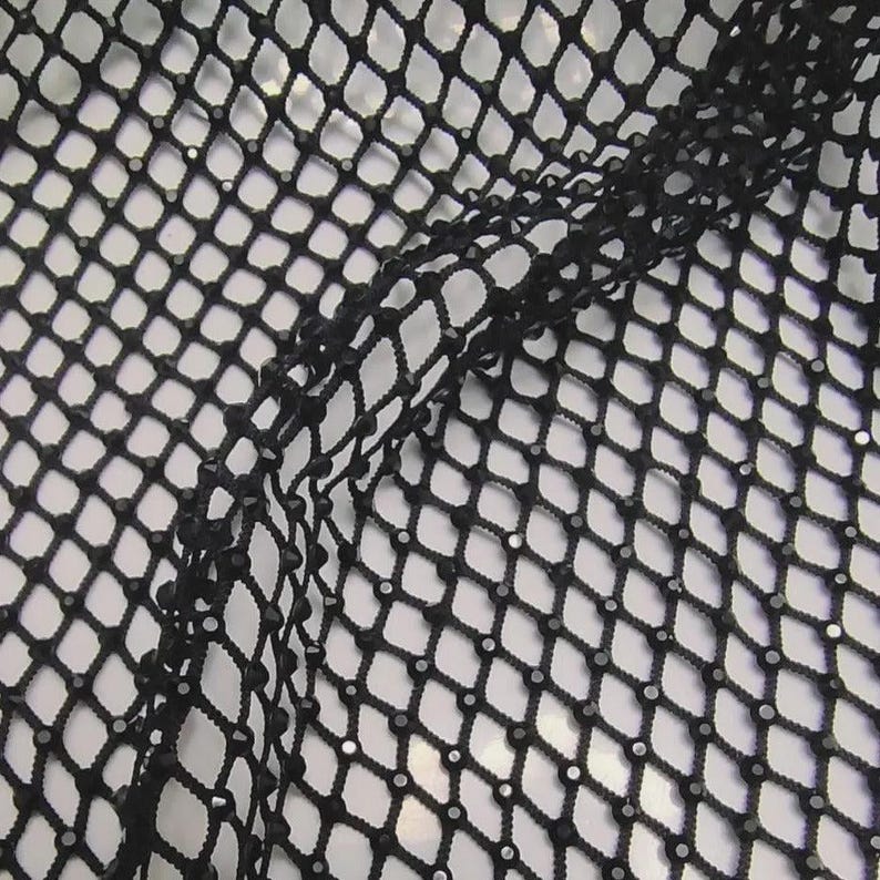Jet Black Crystal Fishnet Fabric: SS10 Rhinestone Mesh, 4-way Stretch ...