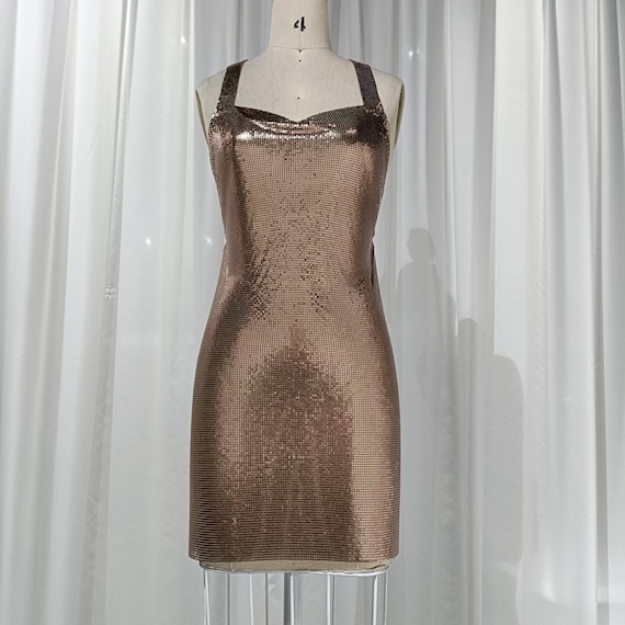 Bronze Metal Mesh Mini Dress | Criss-Cross Back, Party Cocktail Dress