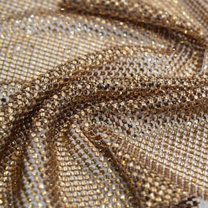 Micro Crystal Fishnet Fabric – Light Gold SS8 Rhinestone Stretch Mesh, 3 Continuous Yards