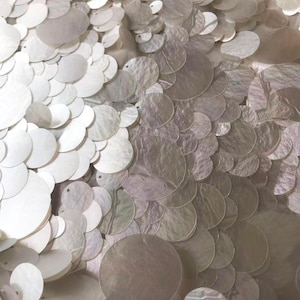 Puede incluir: Primer plano de una tela cubierta de lentejuelas circulares iridiscentes y superpuestas. Las lentejuelas son principalmente blancas con sutiles toques de rosa y gris, creando un efecto brillante. La textura es densa y visualmente atractiva.