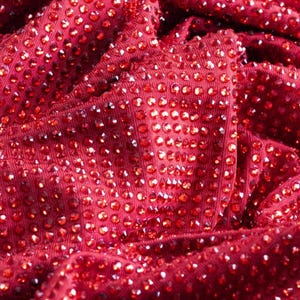 Tecido de tule vermelho rubi: cristais siameses claros, trajes de noite para noivas de alta costura