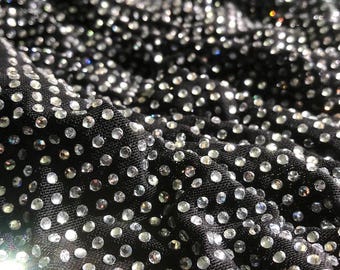 Silver SS10 Crystal on Black Fabric with 4-Way Stretch, Rhinestone Mesh for Couture Gowns & Luxury Dresses, Customizable Crystal Placement
