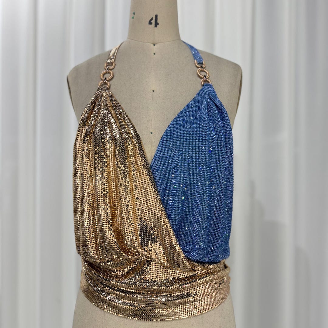 Light Gold and Sapphire Blue Chainmail Top - Metal Crystal Mesh Party ...