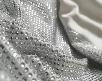 Luxury White Silk Fabric with Silver Crystals – Embellished Pure Silk for Couture, Bridal, and Eveningwear