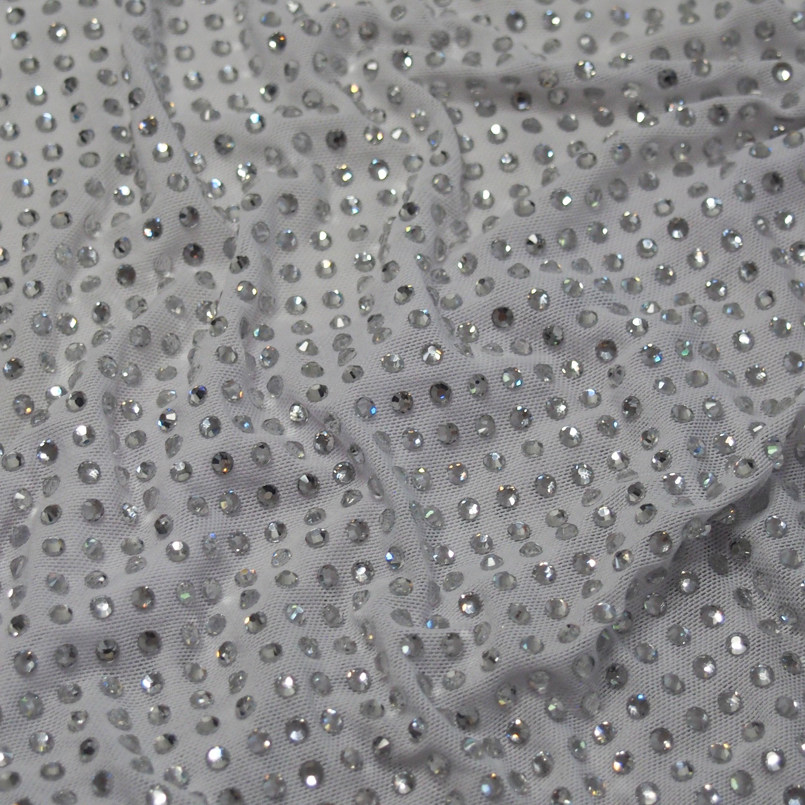 Crystal SS16 White Power Mesh Fabric with 4-Way Stretch, Customizable Crystal Wedding & Couture Fabric, Rhinestone Mesh for Bridal Gowns