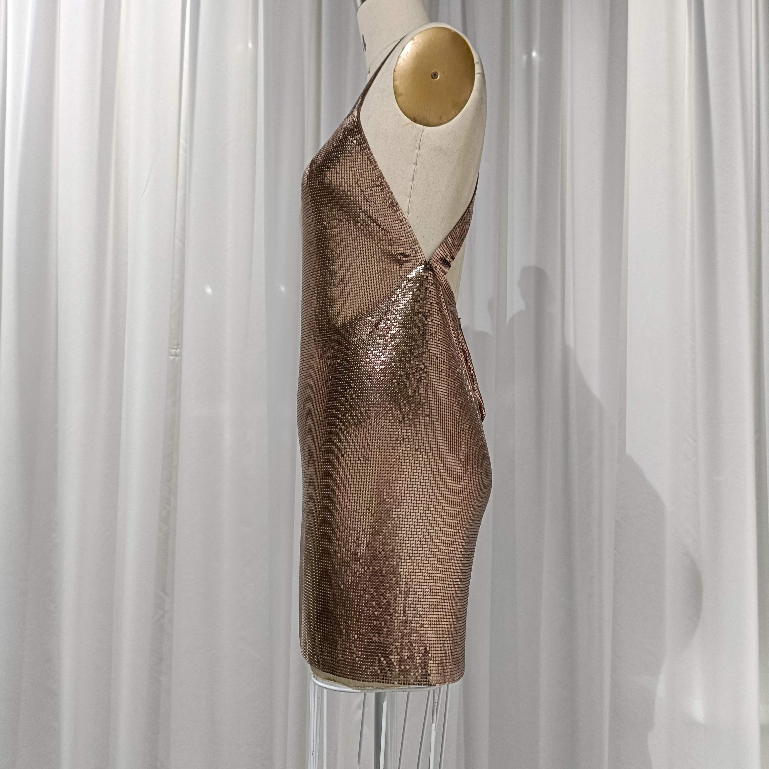 metal mesh mini dress Iridescent Pink Metal Mesh Mini Cowl Neck Party Dress Atelier Rioux Fabric Store