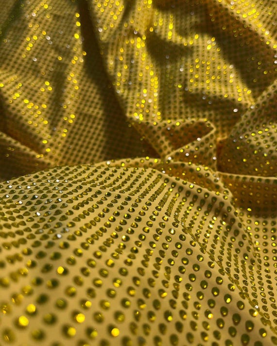 Luxury Yellow Fabric with Citrine Crystals – Embellished Fabric for Couture, Bridal, and Eveningwear