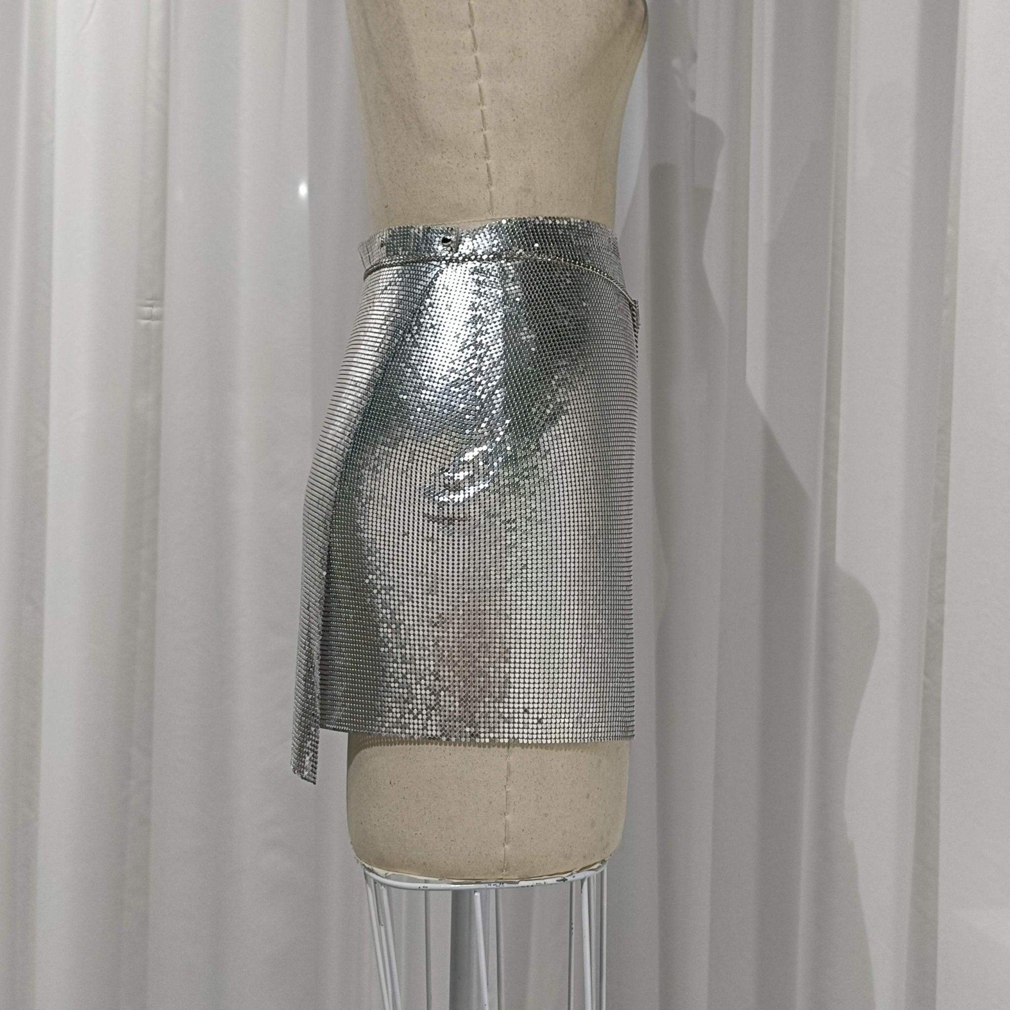 Metal chain lace up chiffon rivet applique mini skirt main image 1