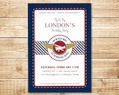 DIGITAL Vintage Flyer Invitation - Little Pilot Birthday Invite in Red, Navy, Gold, and White with Plane Silhouette and Wings
