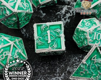 Green Metal Demon's Eye Metallic DND Dice Set | Metallic DND Dice Set Gift | Skeleton Sharp Edge D&D Dice | RPG Gift Idea | Role Play Dices