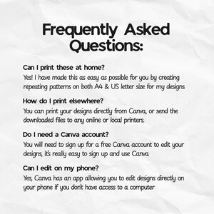 Pu&ograve; includere: Sfondo bianco con il testo "Frequently Asked Questions" in grassetto, nero, scritto a mano. Le domande e le risposte sono in un carattere pi&ugrave; piccolo, nero, che tratta le opzioni di stampa e l'utilizzo di Canva.