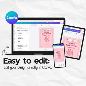 Pu&ograve; includere: Un laptop, un tablet e uno smartphone mostrano un invito rosa per un baby shower progettato in Canva. L'invito include il testo "Olivia's Baby Shower" e "Easy to edit: Edit your design directly in Canva."