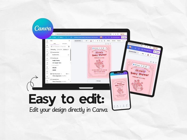 Pu&ograve; includere: Un laptop, un tablet e uno smartphone mostrano un invito rosa per un baby shower progettato in Canva. L'invito include il testo "Olivia's Baby Shower" e "Easy to edit: Edit your design directly in Canva."