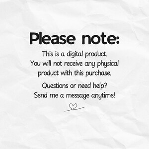 Pu&ograve; includere: Sfondo bianco con la scritta "Please note:" in grassetto nero. Il testo sottostante chiarisce che si tratta di un prodotto digitale, senza articolo fisico incluso. Incoraggia domande e messaggi.