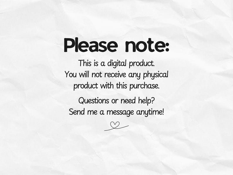 Pu&ograve; includere: Sfondo bianco con la scritta "Please note:" in grassetto nero. Il testo sottostante chiarisce che si tratta di un prodotto digitale, senza articolo fisico incluso. Incoraggia domande e messaggi.