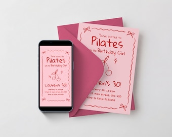 Invito di compleanno Pilates / Invito digitale per il 30° compleanno / Pilates in rosa