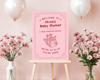 Tabliczka powitalna na baby shower | Wydruk książki dla dziewczynki | Plakat „Nowy rozdział”