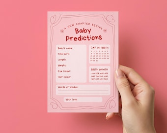 Karta z przewidywaniami dotyczącymi dziecka | Aktywność na baby shower do druku | Motyw książeczki