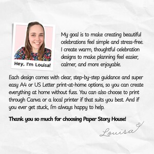 Pu&ograve; includere: Immagine promozionale con Louisa, che mira a semplificare le celebrazioni. Il testo menziona opzioni di stampa a casa in formati A4 o US Letter. L'immagine include una foto di Louisa e il nome del marchio Paper Story House.