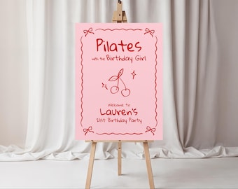 Cartello di compleanno Pilates / Modello modificabile per fiocco Coquette / Cartellone Pilates Cherry in Pink