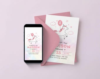 Modello di invito di compleanno a tema unicorno per una festa magica