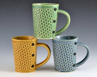 Medium Tea Cup Mug Knitted Pattern, tea cup, tea mug, Buttons MADE TO ORDER