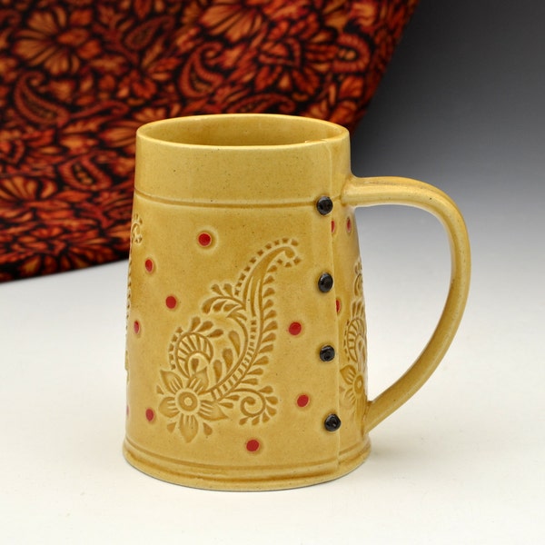 Handmade Pottery Mug in Honey Gold and Red dots