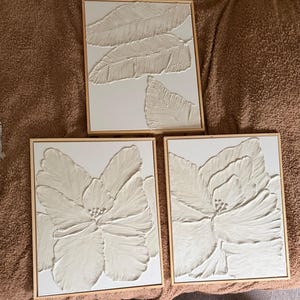 May include: Three framed wall art pieces. Two feature large, textured white flower designs, and one displays a textured white leaf design. All are set in light brown wooden frames, creating a cohesive set for home decor.
