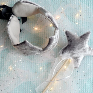 Crown and wand made of velvet, Crown and magic wand set, Gray velvet crown, Star-shaped wand. Princess party, Fabric crown and wand