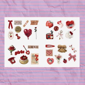 Red Vintage Inspired Collage Aesthetic Sticker Set, Laptop, Bullet Journal Sticker Bundle, Valentines Sticker, The Pinterest Stickers