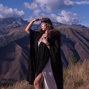 Black Ceremonial Alpaca Cloak, 100% Baby Alpaca Wool Poncho, Handwoven Cape made in Peru by Quechua Women Artisans, Unisex.