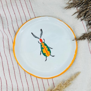 May include: A white ceramic plate with an orange rim and a painted insect design. The insect has a yellow and green body, red head, and black antennae and legs. The plate is on a striped white and red cloth.